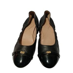 Cole Haan Womens Black Leather Cap Toe Ballet Flats Gold Logo Detail